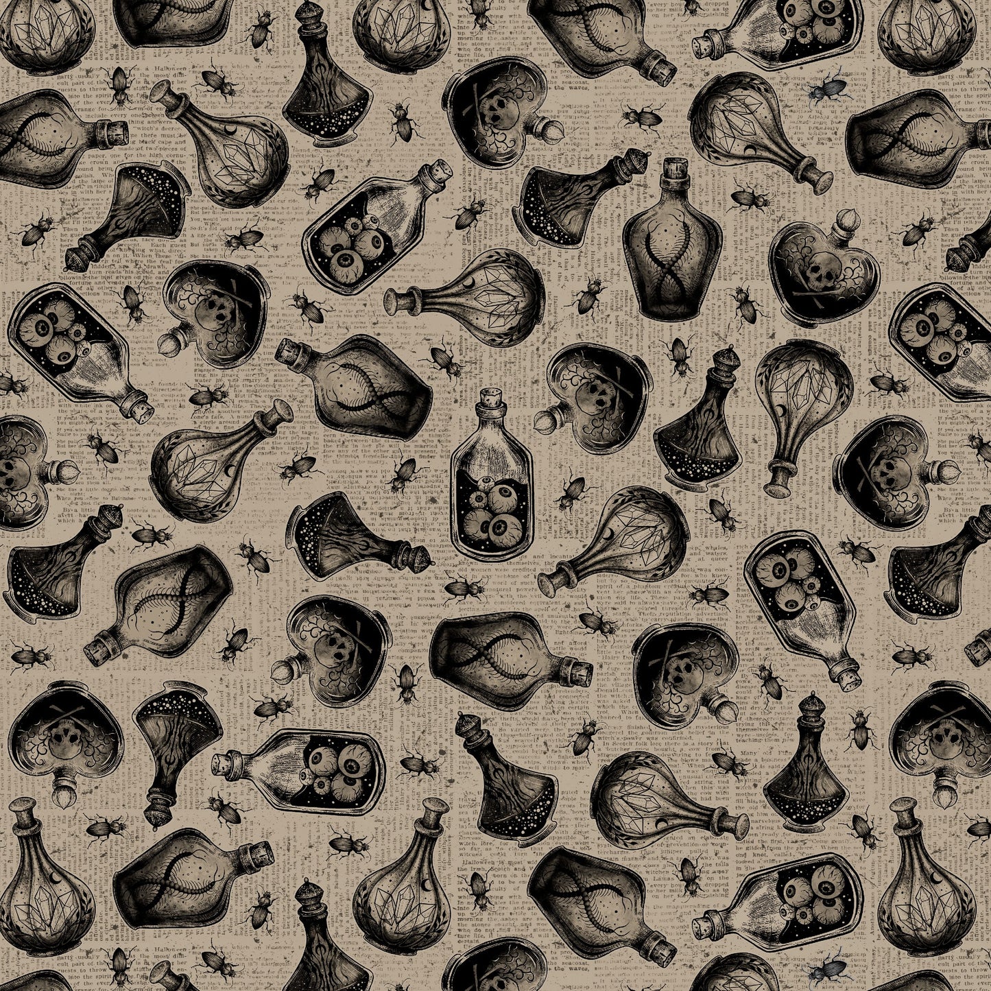Darkly Enchanted Taupe Potion Bottles On Newsprint 4798-41 by Episodic Drawing