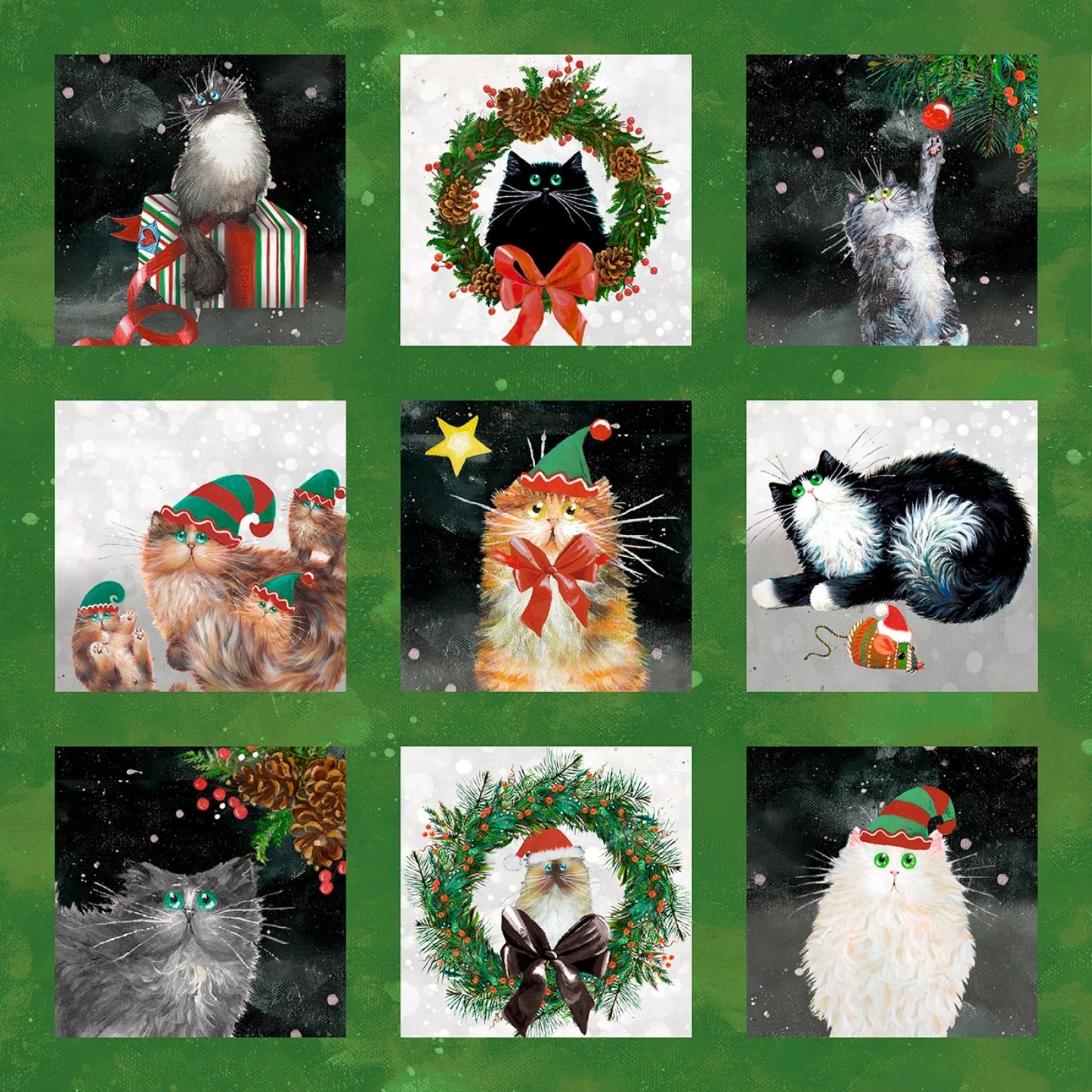 Meowy Christmas by KIm Haskins 14.25" Panel Pine Festive Felines Christmas 54483-2 Cotton Woven Panel