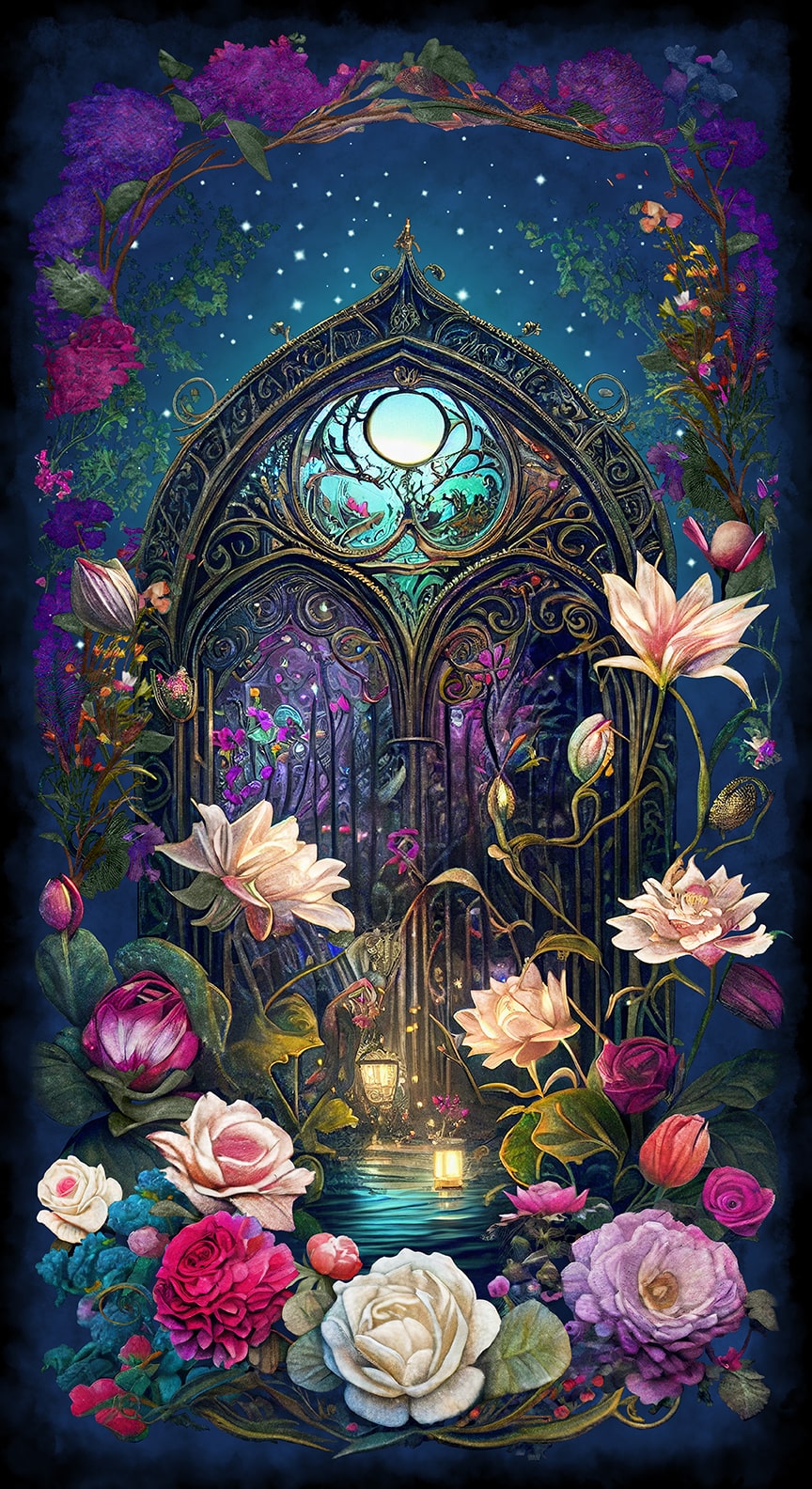 Night Garden Digital by JT Stewart_Duirwagh Studios 24" Panel Garden Gate Teal 3557P-67 Cotton Woven Panel
