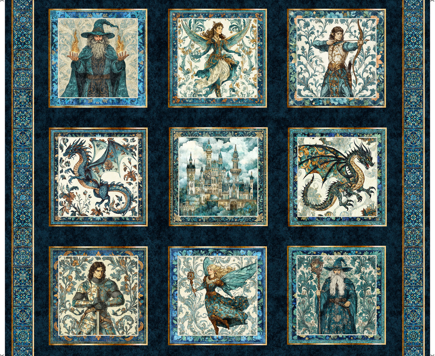 PREORDER ITEM - EXPECTED NOVEMBER 2025: Folklore by Morris Creative Group 36” Panel Medieval Picture Patches Large Dark Navy 31640N Cotton Woven Panel