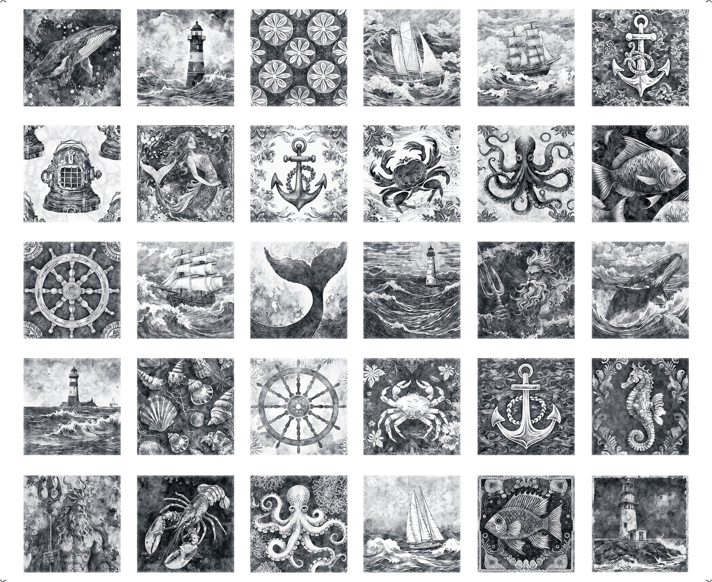 Ocean Blues by Morris Creative Group 36" Panel Nautical Motif Patches Charcoal Panel 30855K Cotton Woven Panel
