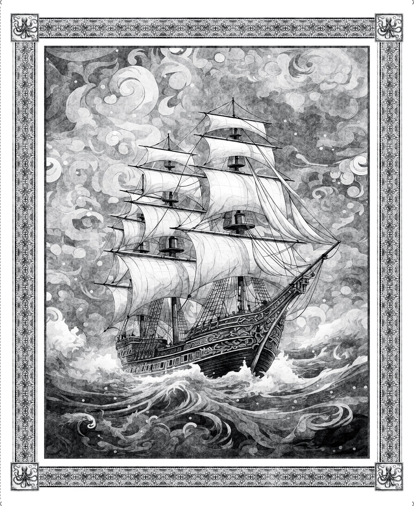 Ocean Blues by Morris Creative Group 36" Panel Ship Charcoal   Panel  30854K Cotton Woven Panel