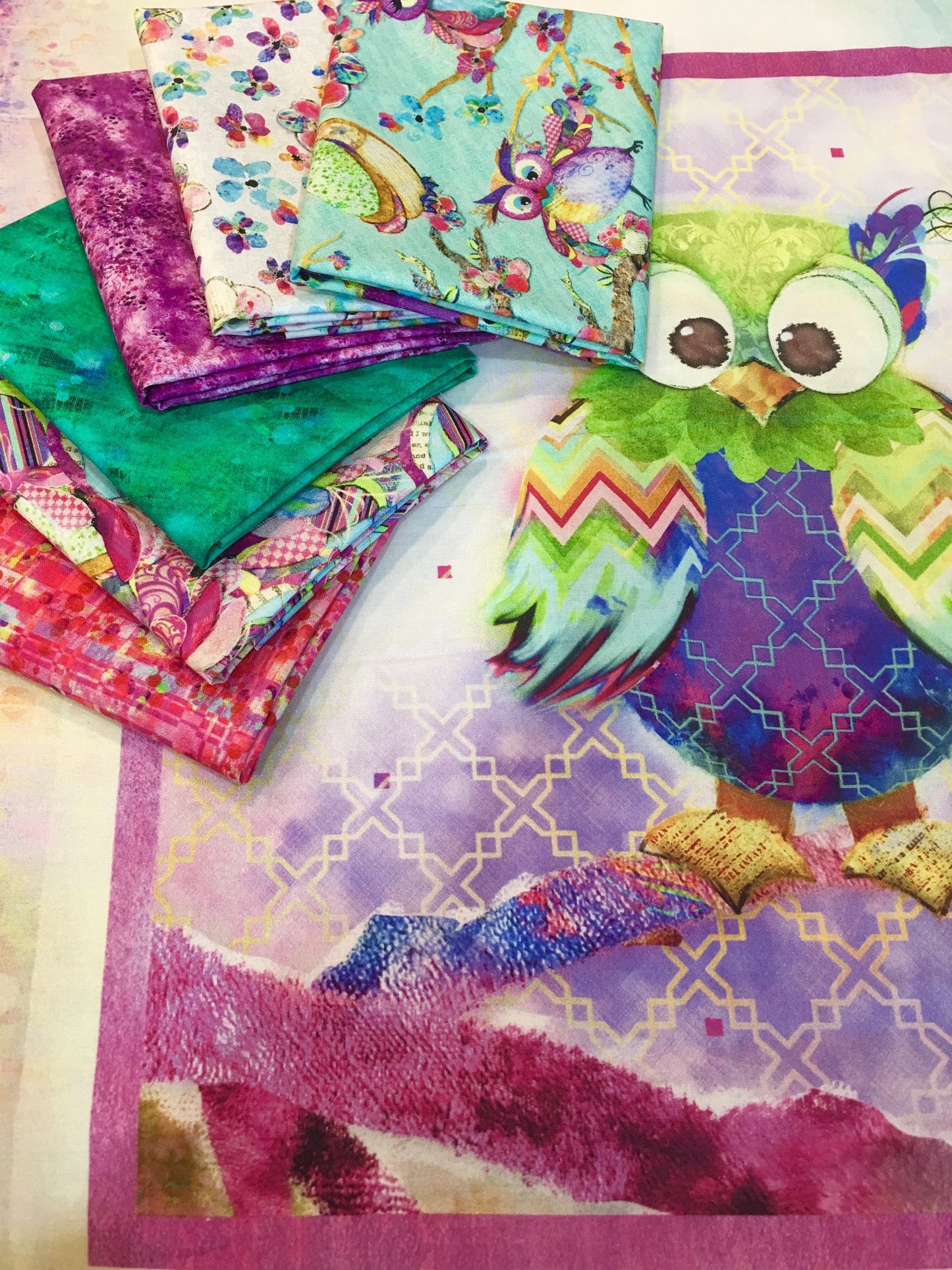 Boho Owls by Connie Haley Digitally Printed Splotched Purple 13785-Purple Cotton Woven Fabric