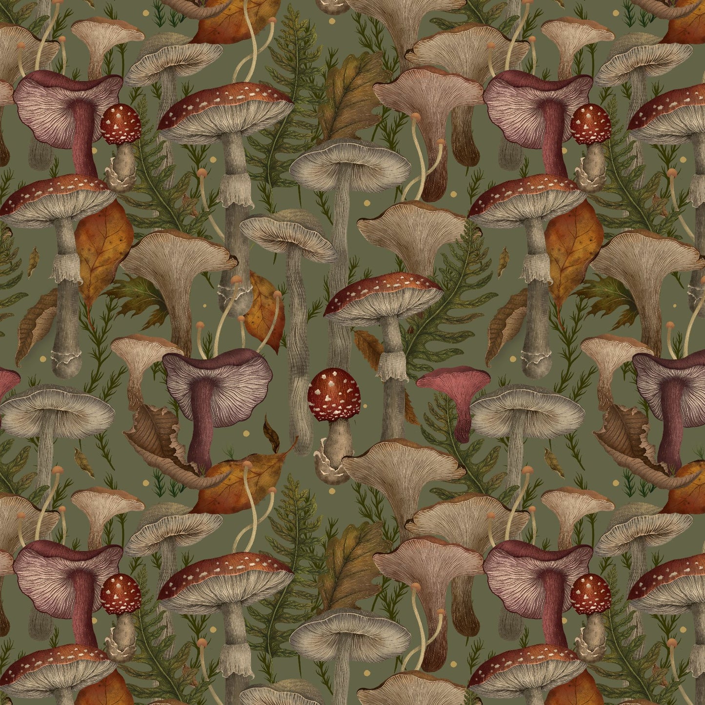 Harvest Haunt Mushrooms Olive Green 4808-66 by Episodic Drawing