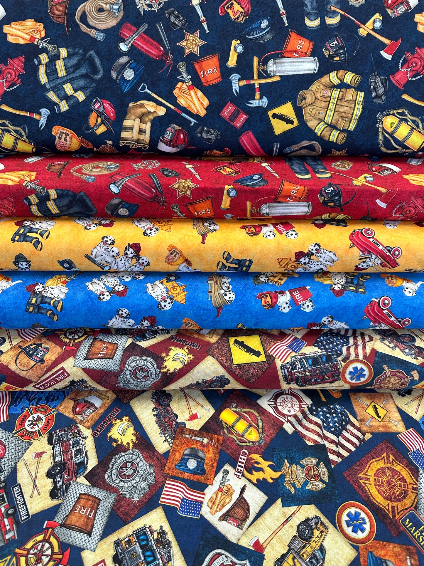 American Heroes Firefighters by Morris Creative Group Dalmations & Fire Trucks Blue 30682B Cotton Woven Fabric