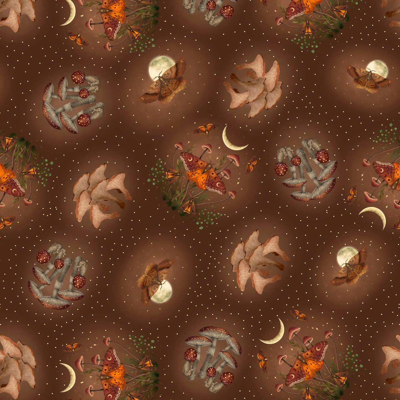 Harvest Haunt Moths and Mushrooms Brown 4812-39 by Episodic Drawing