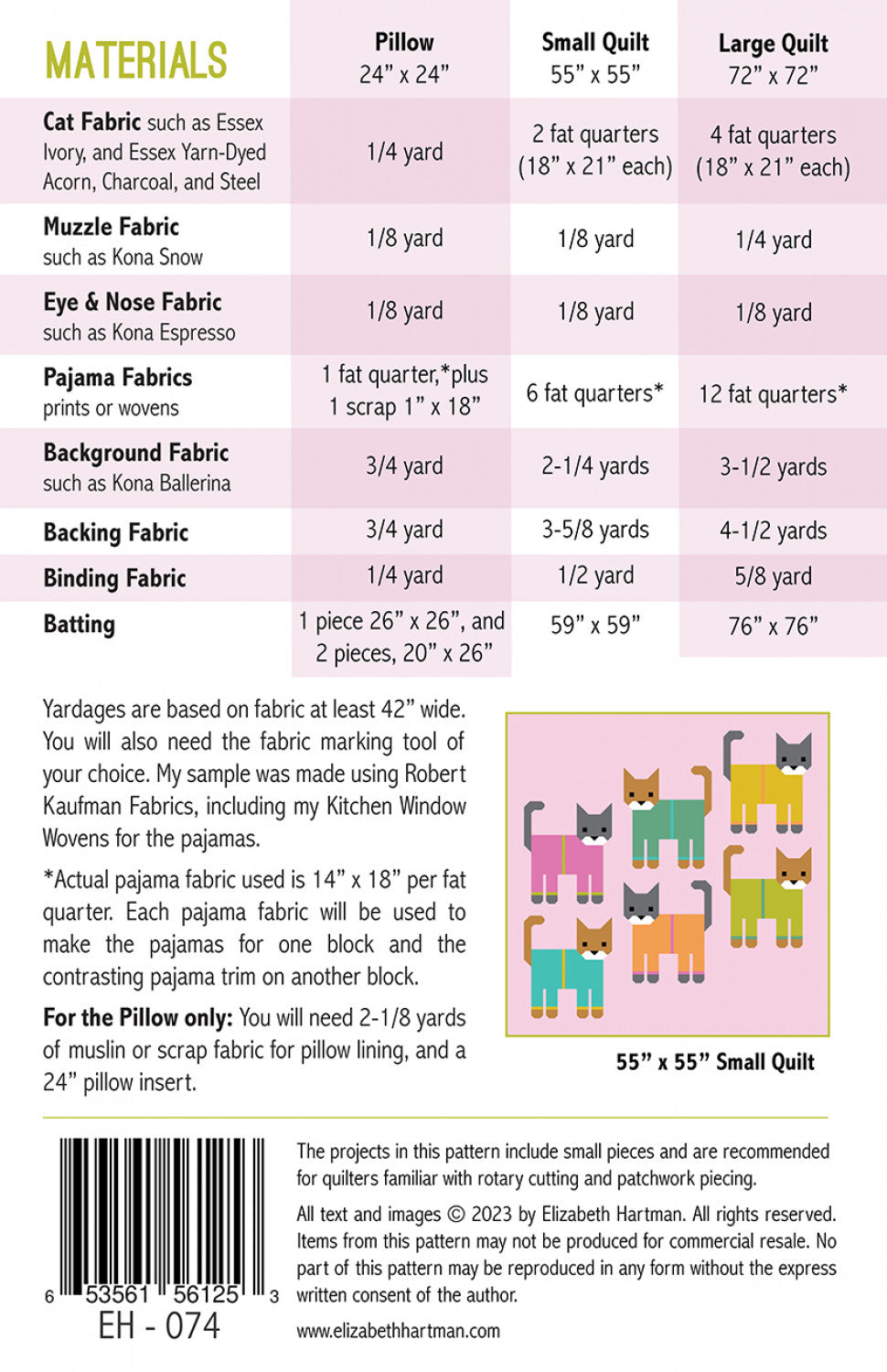 Cats in Pajamas by Elizabeth Hartman Quilt Pattern EH074