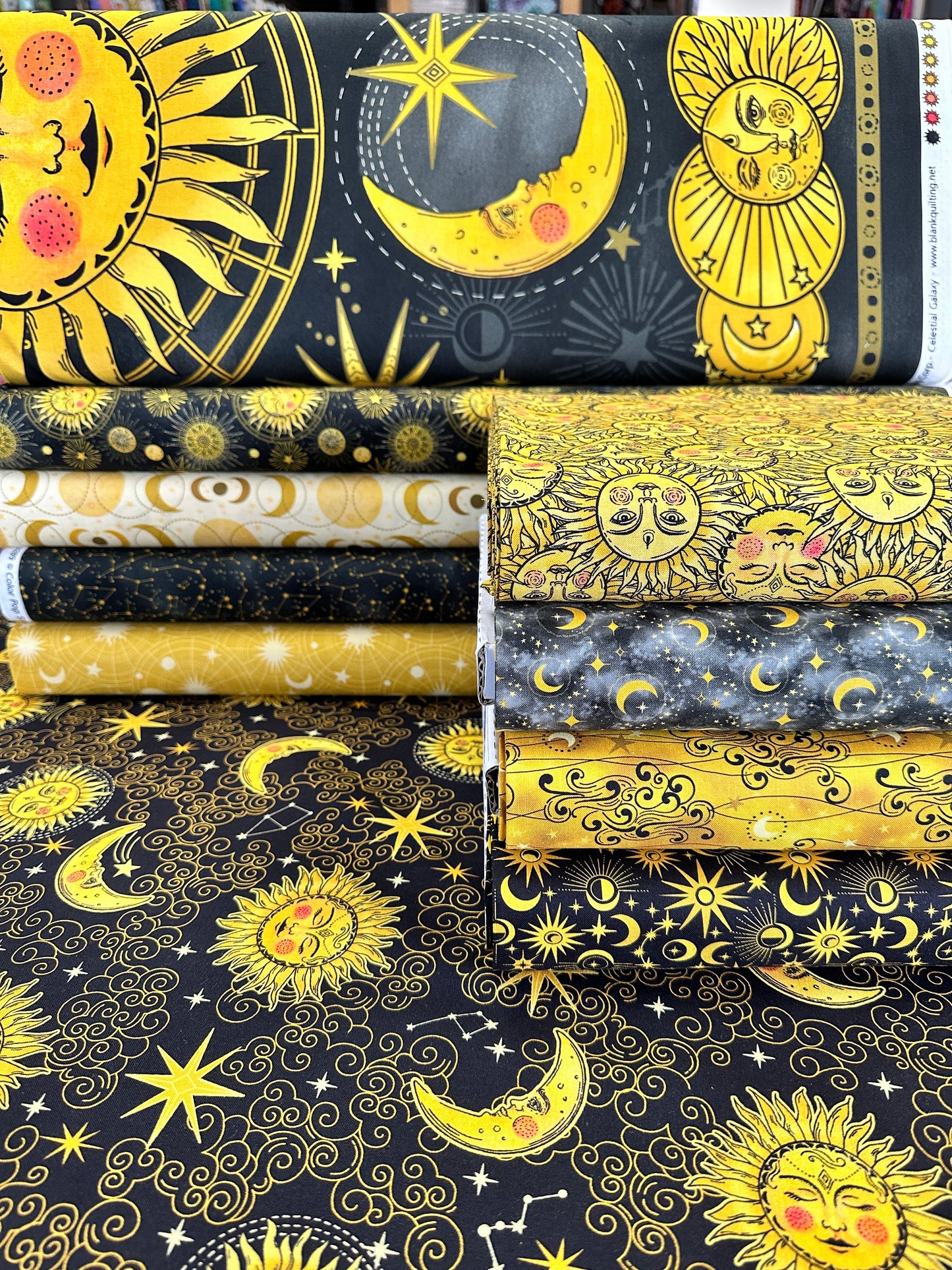 Celestial Galaxy by Color Pop Studio Moons and Clouds Black 3287-99 Cotton Woven Fabric