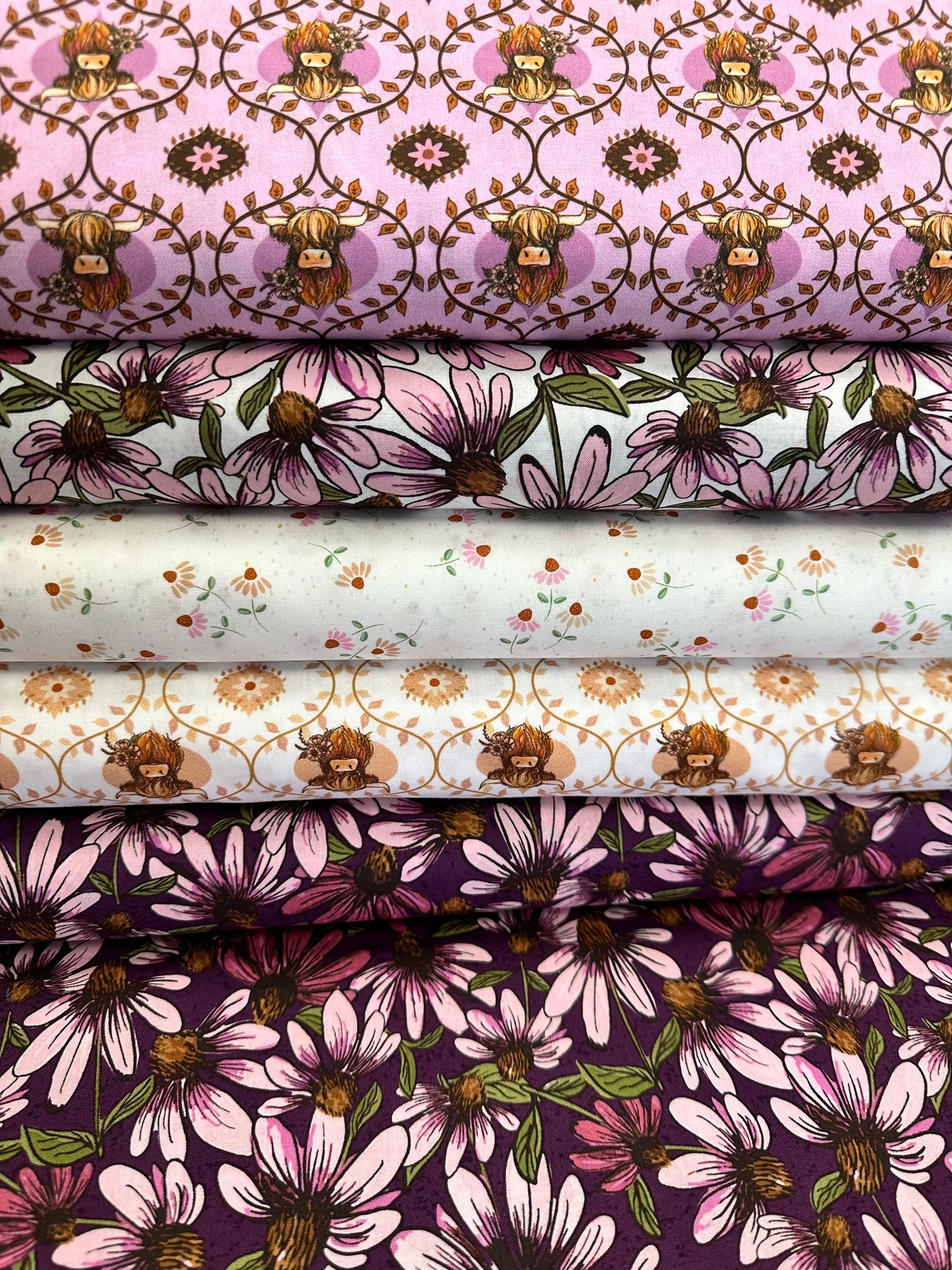 Coneflower Corral by Teresa Magnuson Highland Cows Digital Light Eggplant Y4559-44 Cotton Woven Fabric