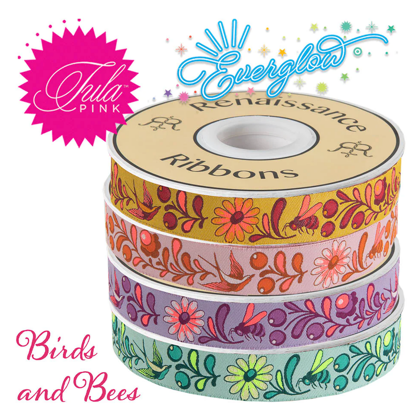 Tula Pink Everglow 7/8” wide Birds & Bees Ribbon Birds & Bees Original Woven Ribbon TK-108/22mm Col 1 Priced per Yard