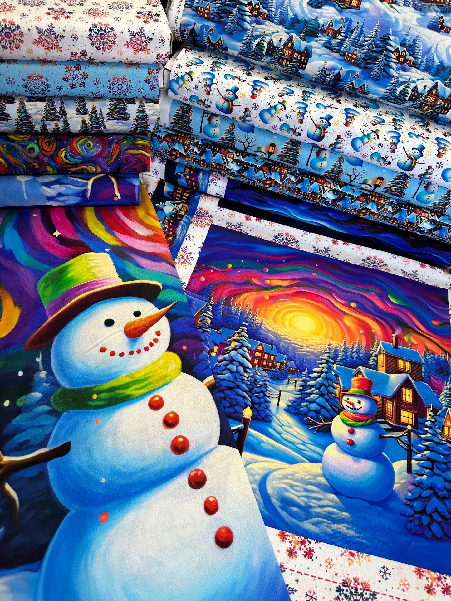 Frostykins by Ray Heere 36" Panel Snowman with Village Blue    4275P-75 Cotton Woven Panel
