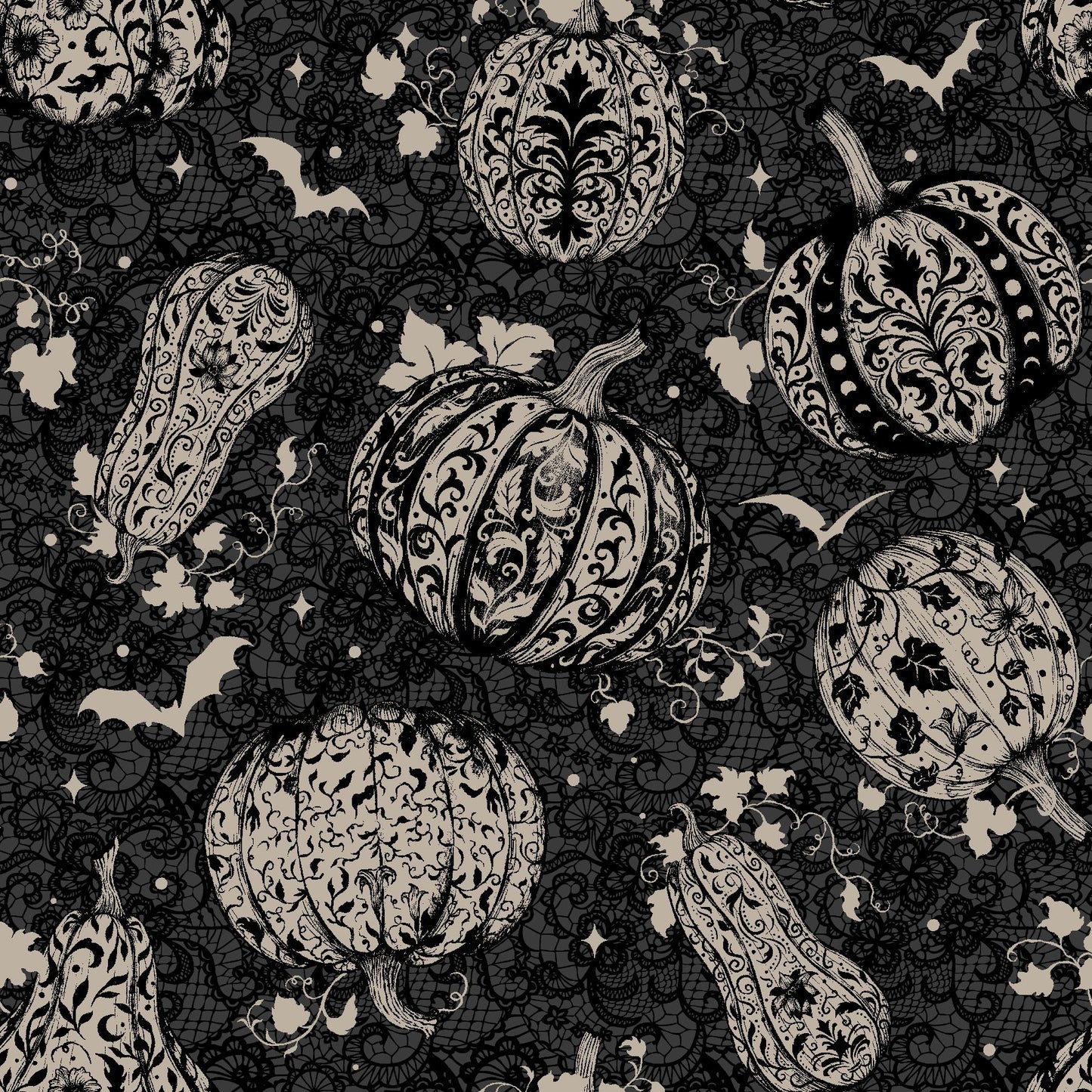 Darkly Enchanted Charcoal Damask Pumpkins with Bats 4795-98 by Episodic Drawing