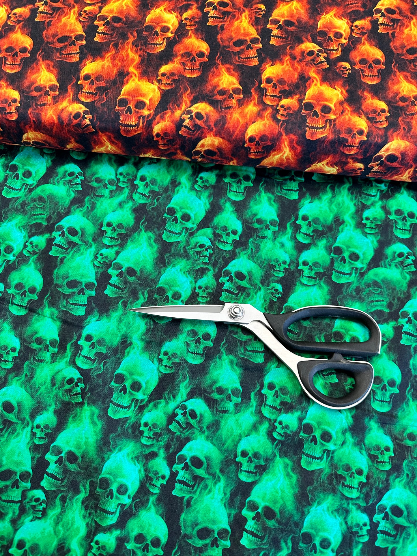 Gotta Have it by Morris Creative Group Flaming Skulls Jade 31185Q Cotton Woven Fabric