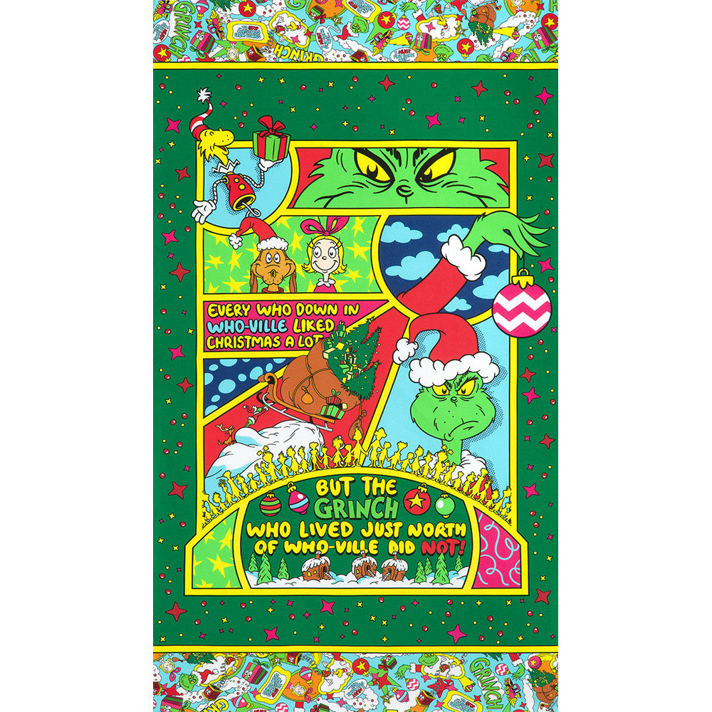 Licensed How the Grinch Stole Christmas by Dr. Seuss Enterprises Holiday 24” Panel ADED-23097-223 Cotton Woven Fabric