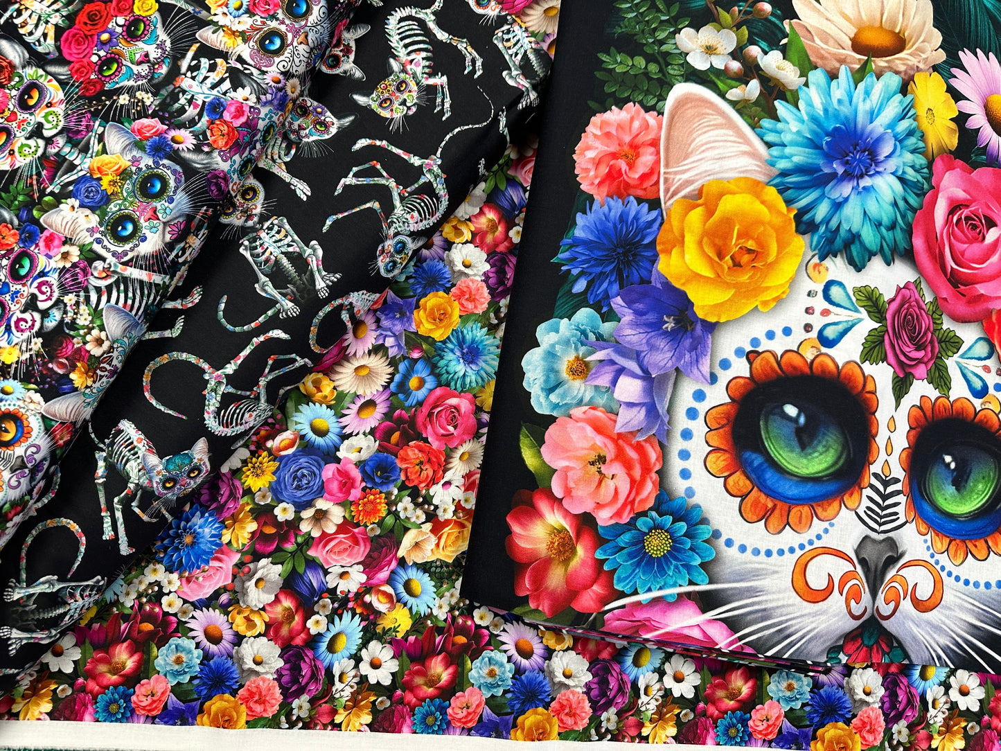 Day of the Dead Family Album Skeleton Cats Tossed CAT-CD3602-BLACK Cotton Woven Fabric