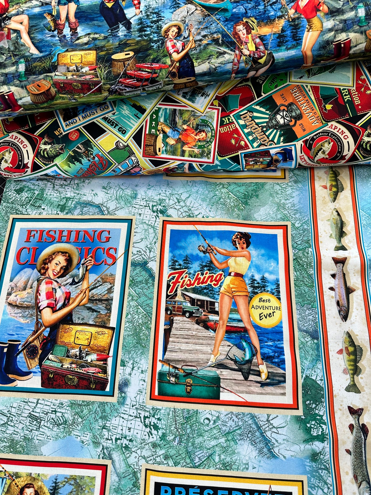 Girls Gone Fishing Posters Multi DCX11940-MULT Cotton Woven Fabric