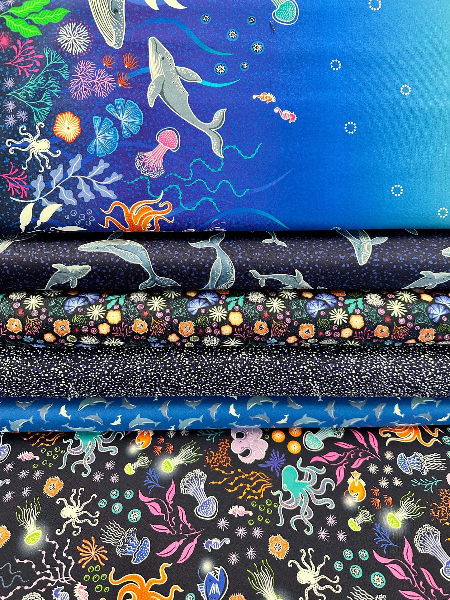 Ocean Glow (Glow in the Dark) Dolphins on Blue A782.3 Cotton Woven Fabric