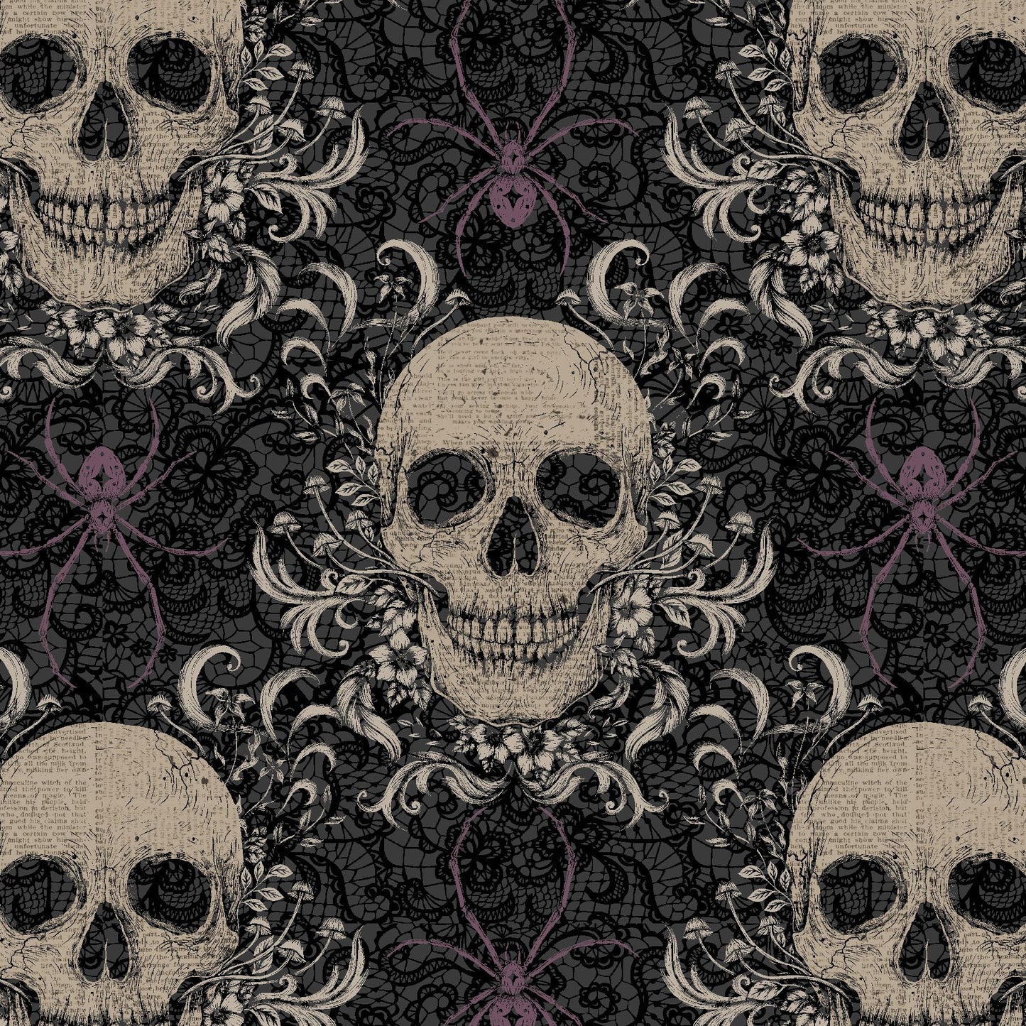 Darkly Enchanted Charcoal Skull Damask With Spiders 4794-98 by Episodic Drawing