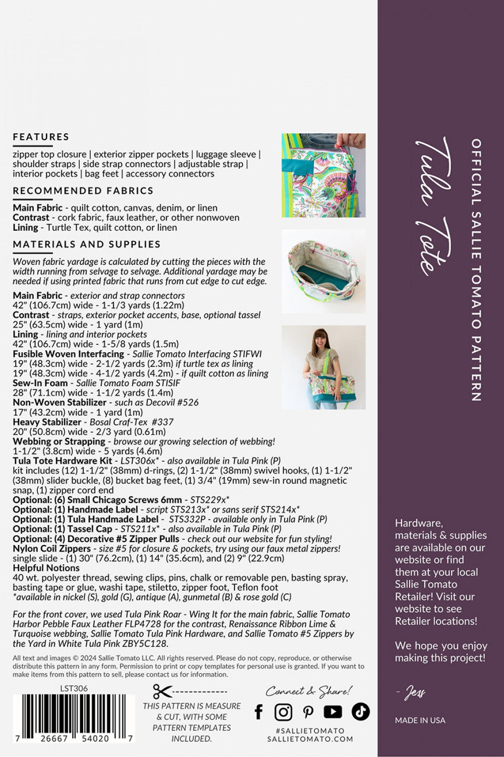 Tula Pink Purse Hardware Tula Tote Paper Pattern    LST306 Pattern