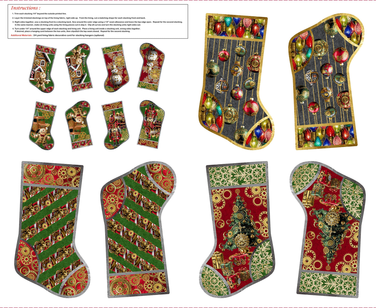 Preorder July 2026: Gears and Garland Steampunk Christmas Stocking 36" Panel Red 4832P-88 by Urban Essence Designs