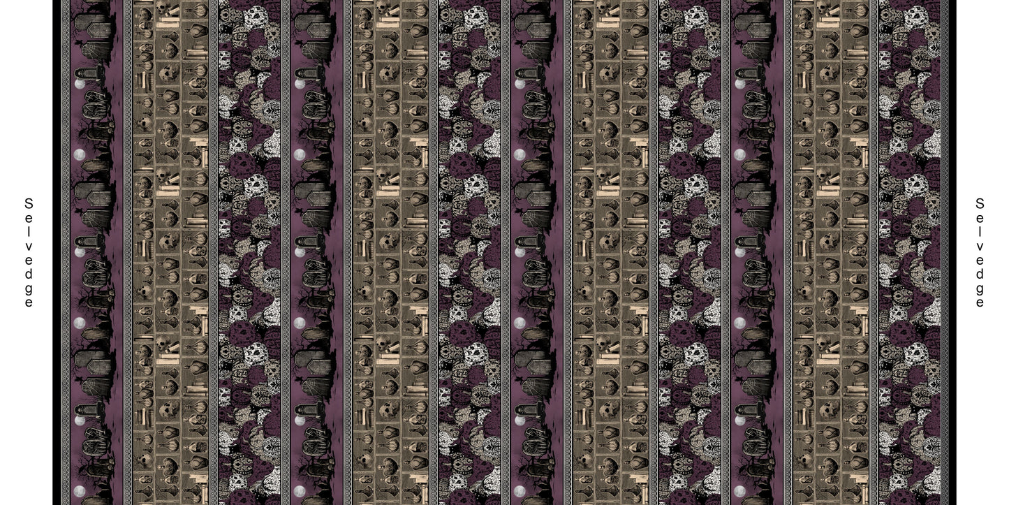 Darkly Enchanted Plum Stripe With Pumpkins, Cemetery, and Potion Shelf 4801-55 by Episodic Drawing