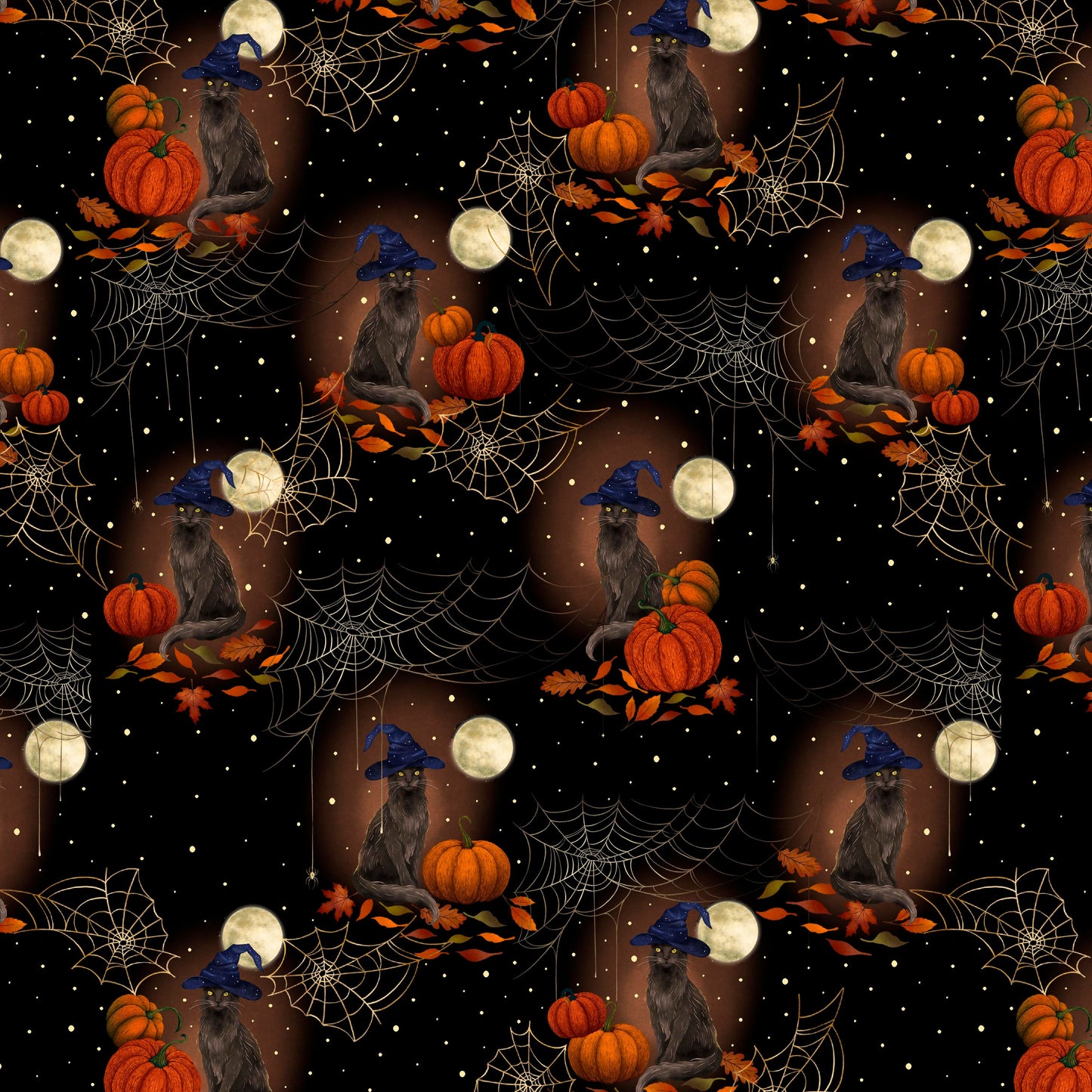Harvest Haunt Black Cats with Witch Hats and Pumpkins Black 4807-99 by Episodic Drawing
