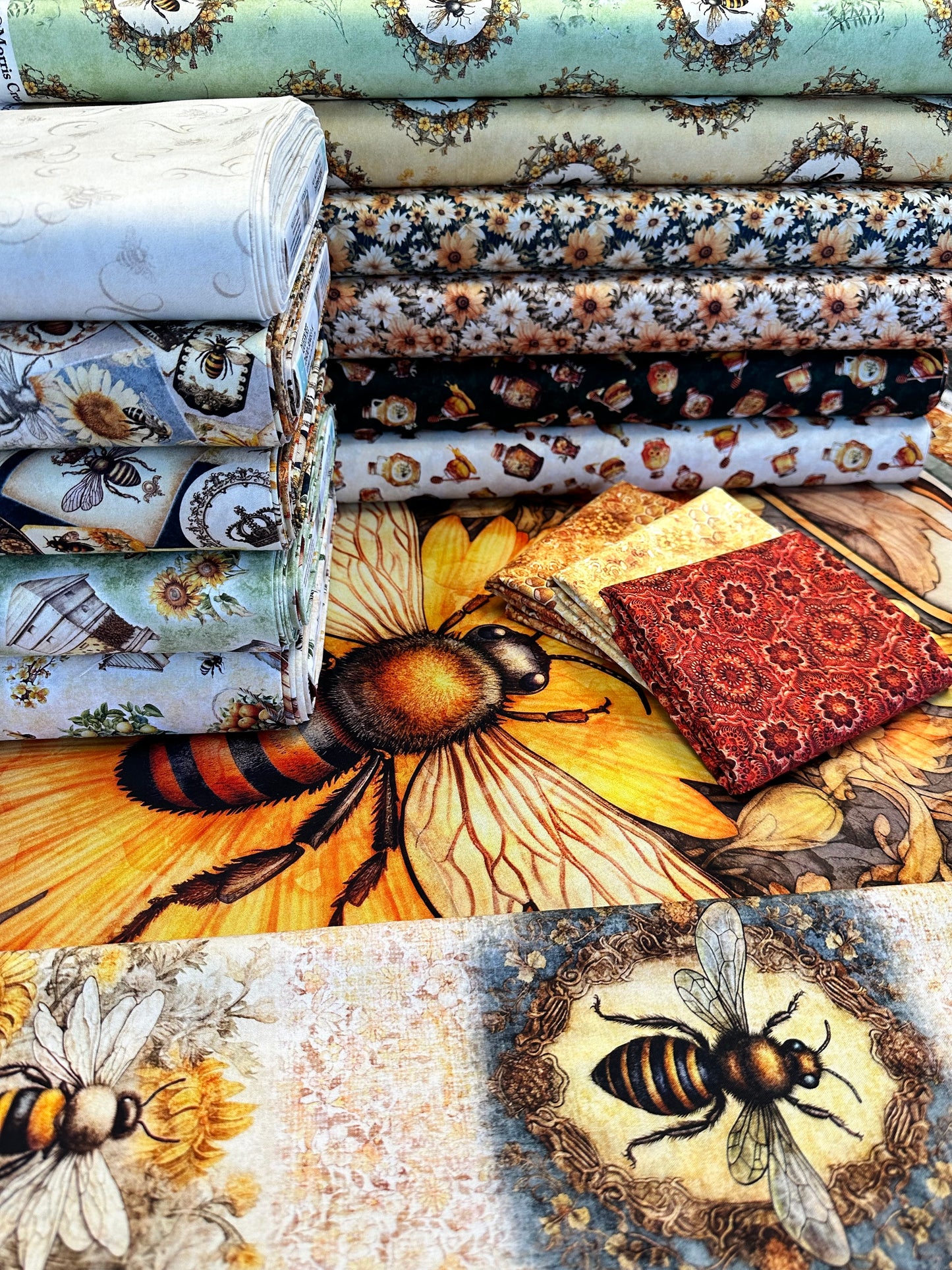 Queen Bee by Morris Creative Group Bee Collage Midnight 30483W Cotton Woven Fabric
