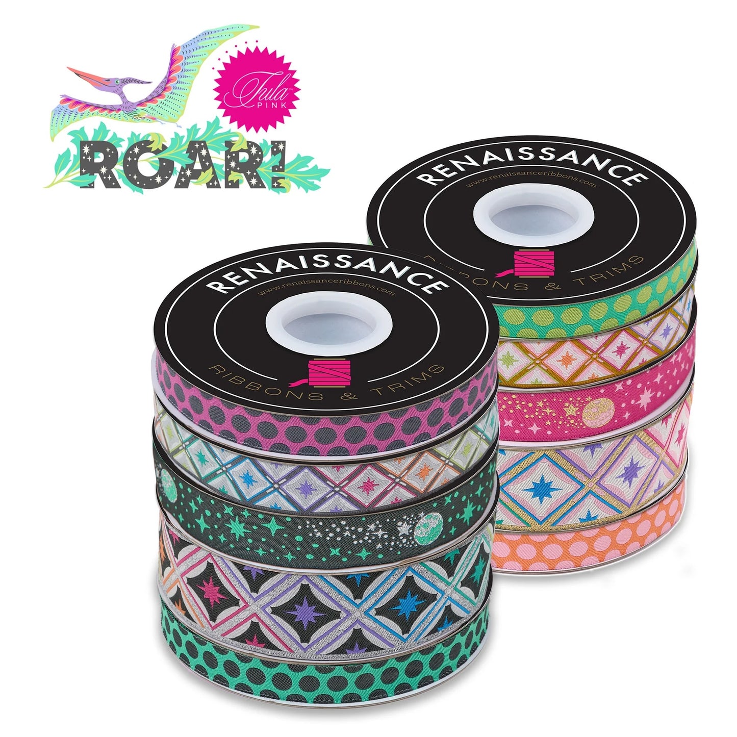 Roar Ribbon by Tula Pink Stargazer in Metallic Mint 1.5" Width Woven Ribbon TK-112-38mm-col-1-s Priced per yard