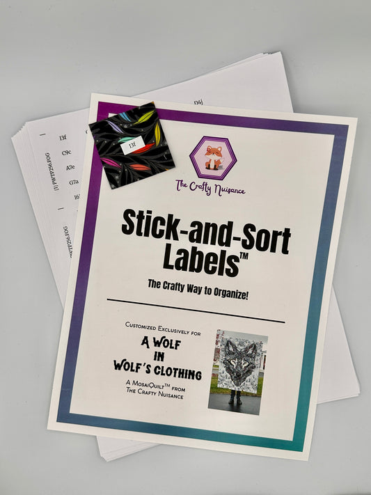 Preorder Jan 2026: Stick-and-Sort Labels for A Wolf in Wolf's Clothing MosaiQuilt by The Crafty Nuisance