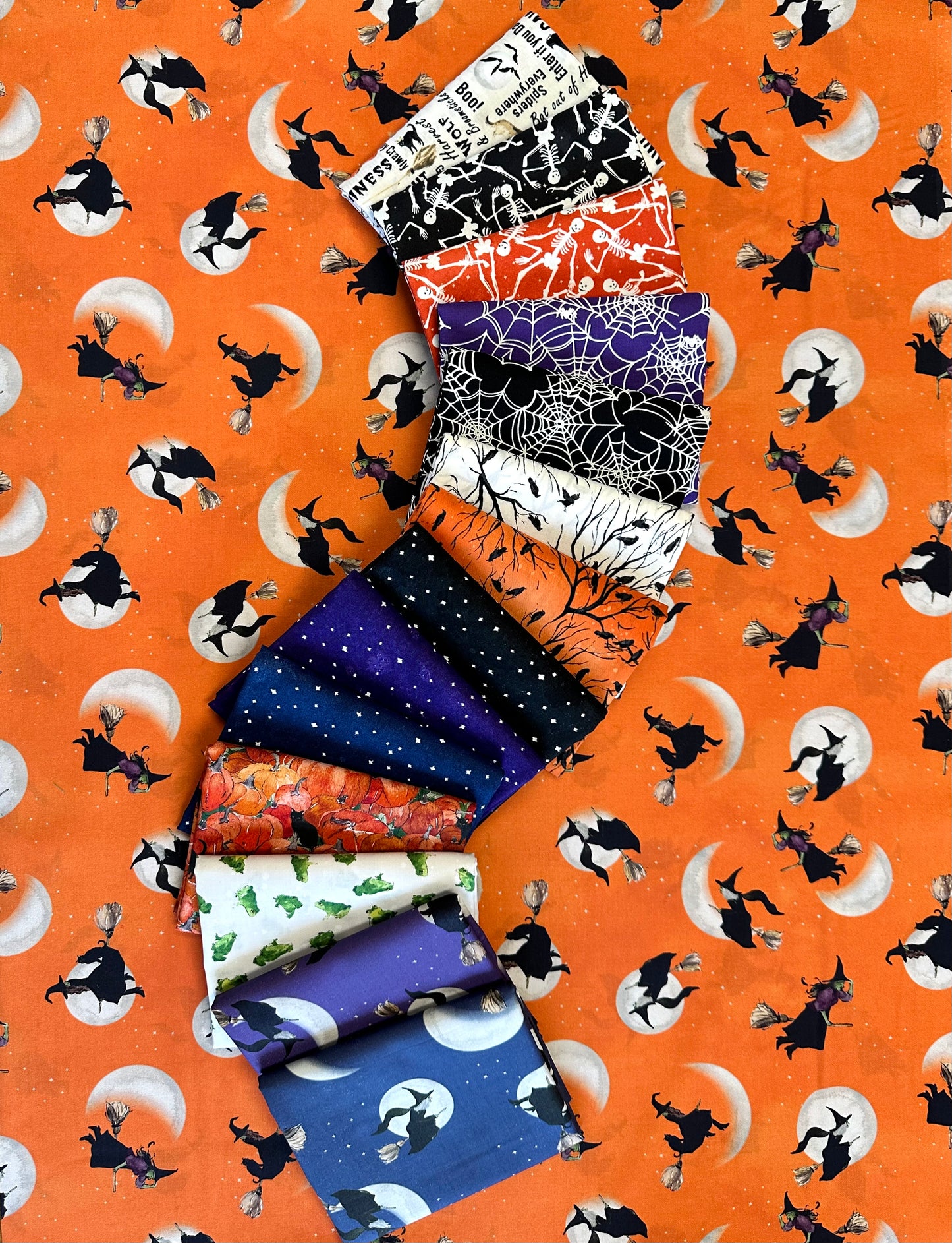 Toil & Trouble by Heatherlee Chan Collection Glow in the Dark Skeletons Dark Orange Y4161-37 Cotton Woven Fabric