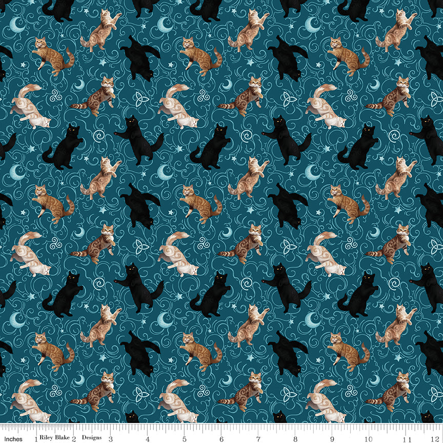PREORDER ITEM - EXPECTED SEPTEMBER 2025: Celtic Cats by Brigid Ashwood Collection Cats Teal CD16584-TEAL Cotton Woven Fabric