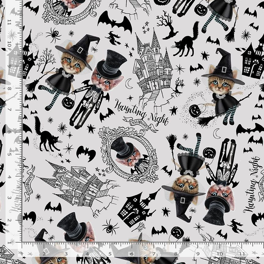 Pick Your Poison Costumed Kittens Grey BOO-CD3429-GREY Cotton Woven Fabric