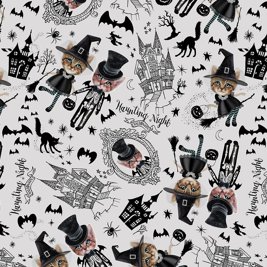 Pick Your Poison Costumed Kittens Grey BOO-CD3429-GREY Cotton Woven Fabric