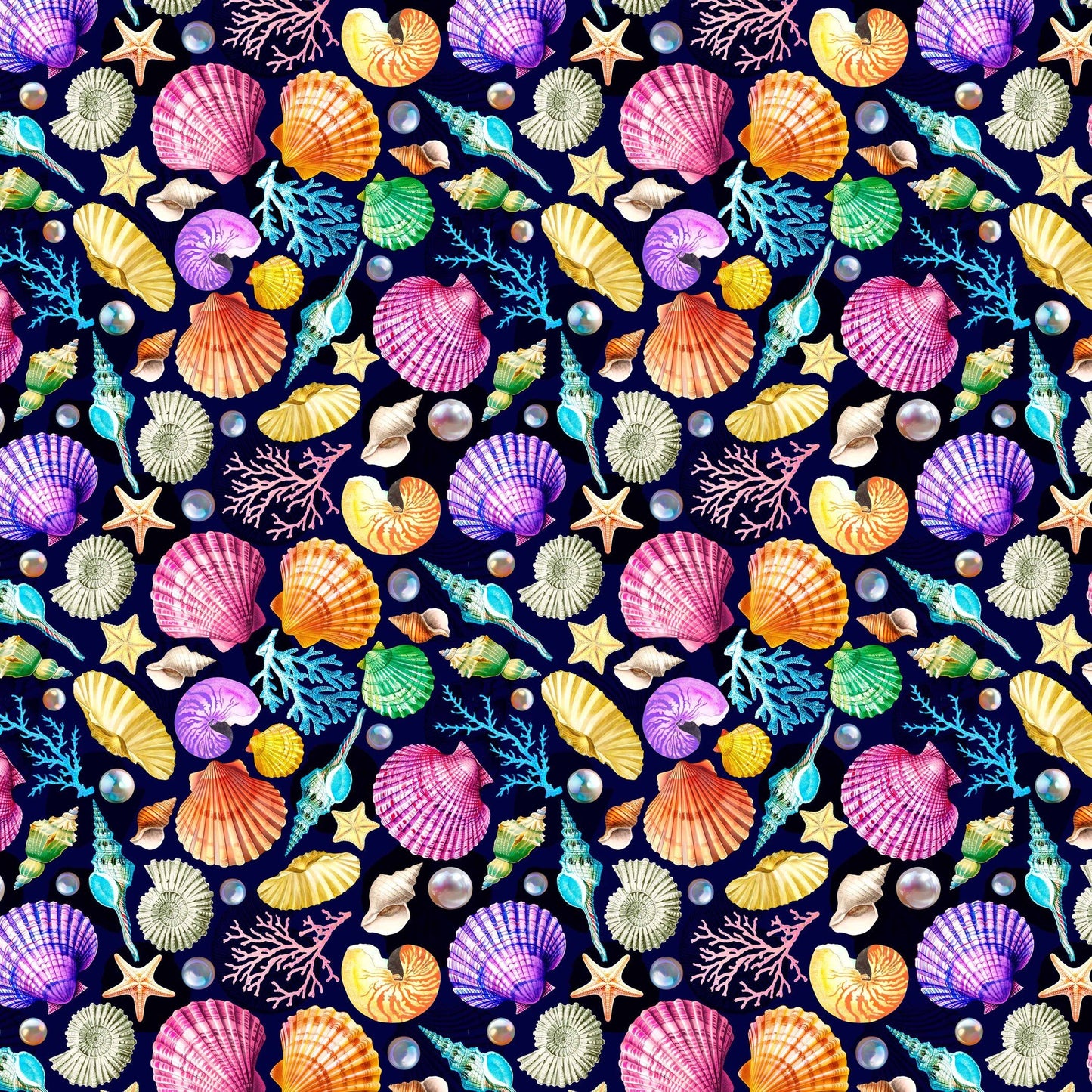 PREORDER ITEM-EXPECTED APRIL 2026: Divine Oceania by Aimee Stewart Pearls and Seashells DDC12613-Navy Cotton Woven Fabric