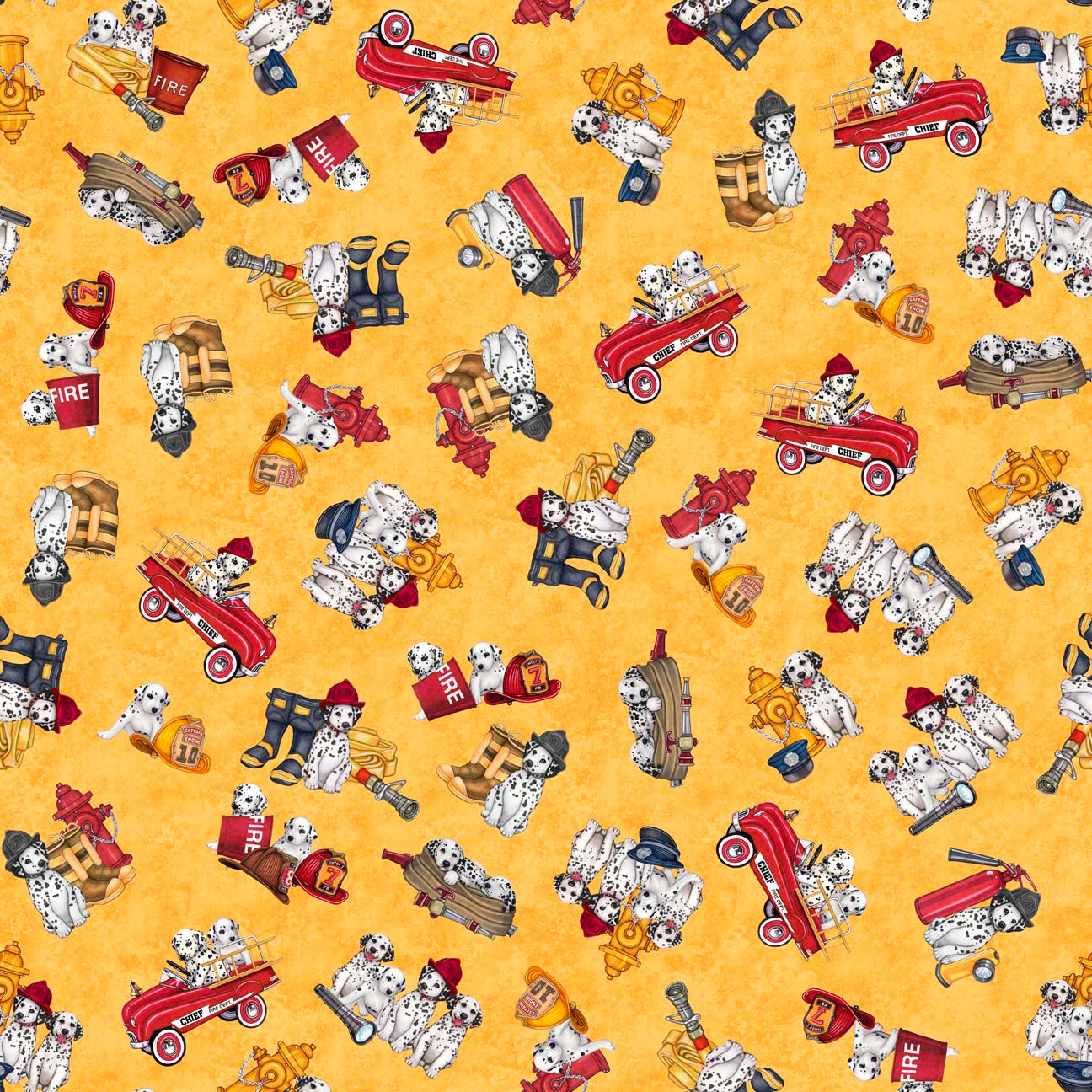 American Heroes Firefighters by Morris Creative Group Dalmations & Fire Trucks Gold    30682S Cotton Woven Fabric