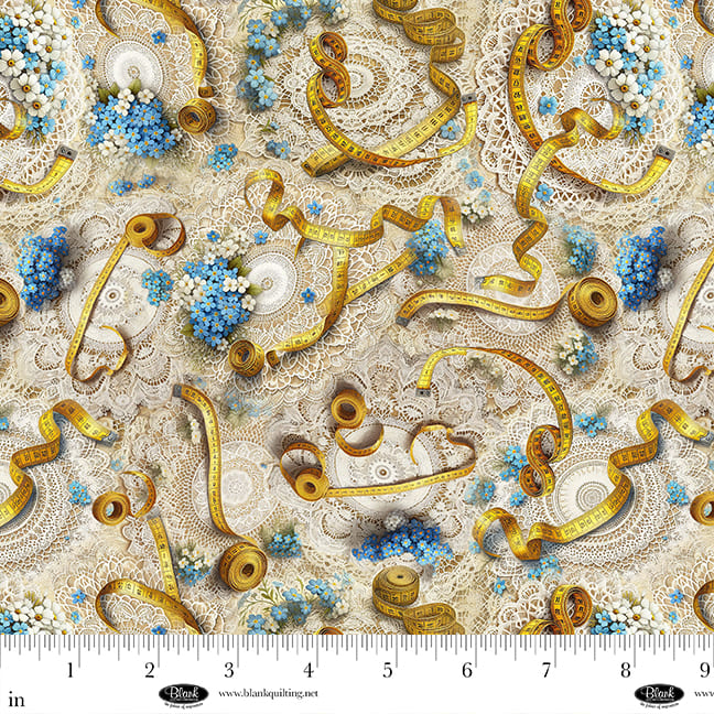 PREORDER ITEM - EXPECTED SEPTEMBER 2025: Forget Me Not by Marilyn Lee Doilies and Tape Measures Ecru 4283-41 Cotton Woven Fabric