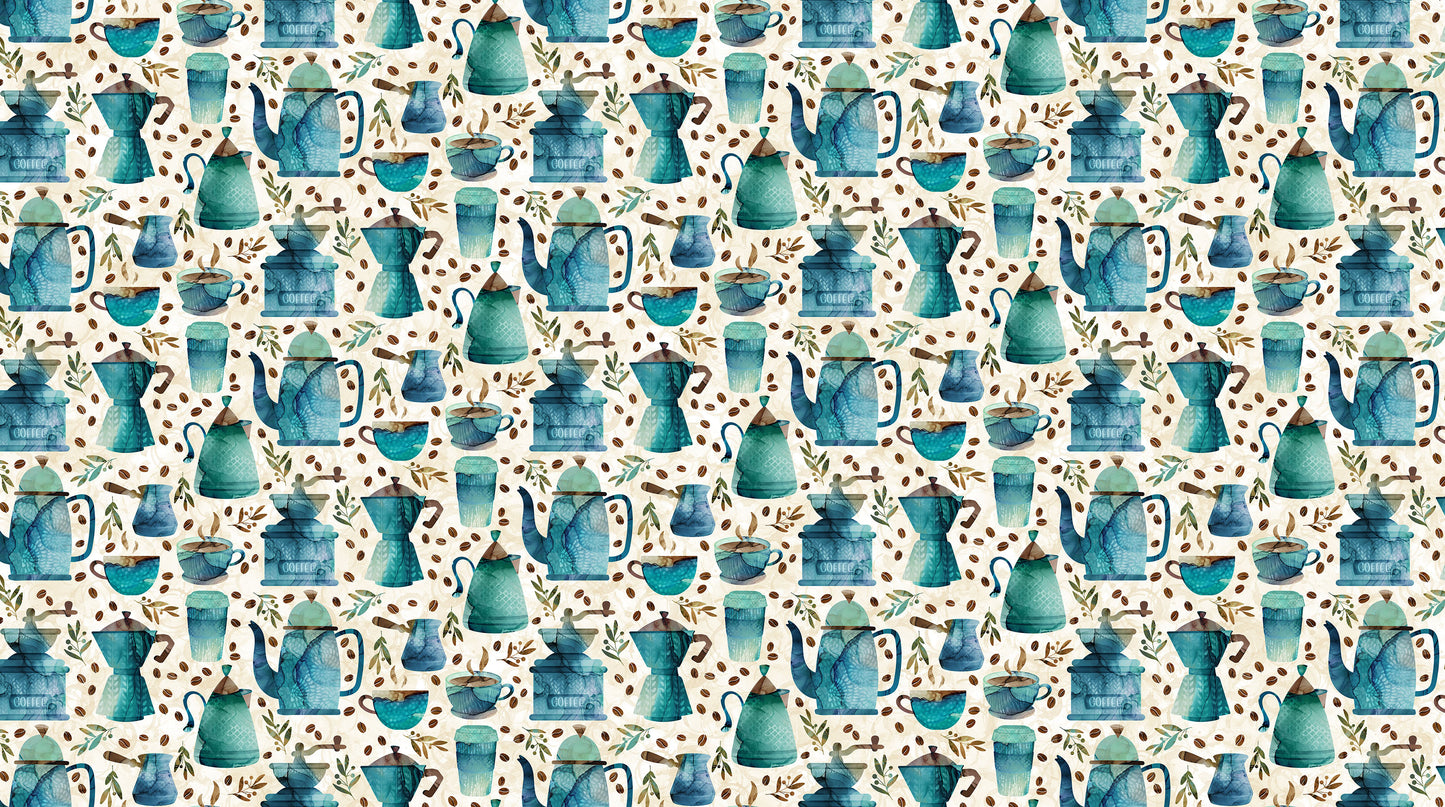 Barista by Deborah Edwards and Melanie Samra Digitally Printed Coffee Pots Cream Multi DP27697-11 Cotton Woven Fabric