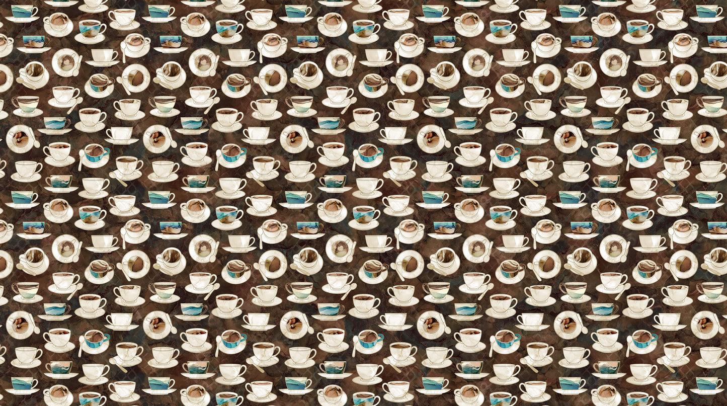 Barista by Deborah Edwards and Melanie Samra Digitally Printed Cups & Saucers Brown Multi DP27698-36 Cotton Woven Fabric