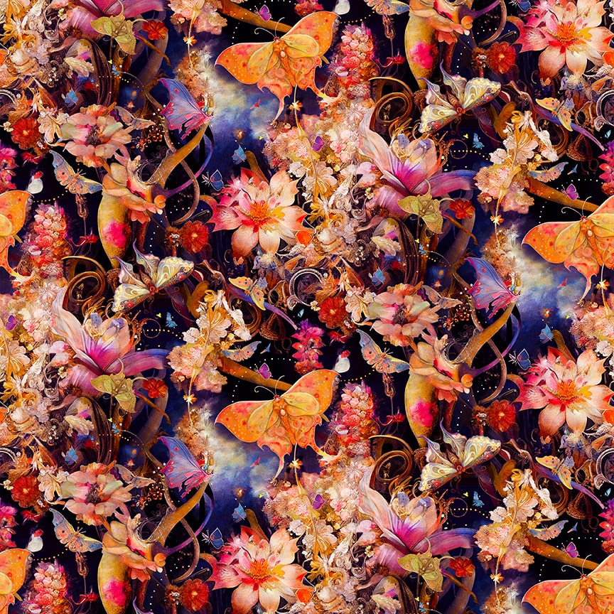 Night Garden Digital by JT Stewart_Duirwagh Studios Flowers and Butterflies Pink 3555-22 Cotton Woven Fabric