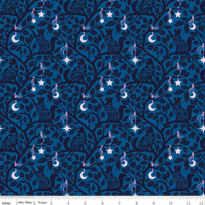 PREORDER ITEM - EXPECTED SEPTEMBER 2025: Celtic Cats by Brigid Ashwood Collection Forest Cats Blue CD16582-BLUE Cotton Woven Fabric