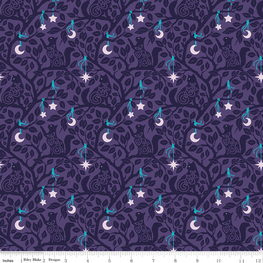 PREORDER ITEM - EXPECTED SEPTEMBER 2025: Celtic Cats by Brigid Ashwood Collection Forest Cats Purple CD16582-PURPLE Cotton Woven Fabric