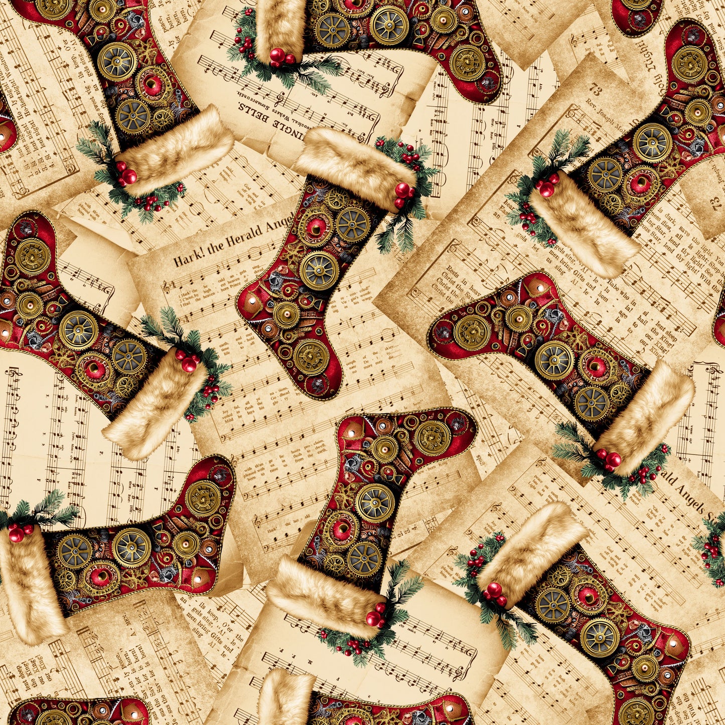 Gears and Garland Steampunk Christmas Sheet Music With Stockings 4818-41 by Urban Essence Designs
