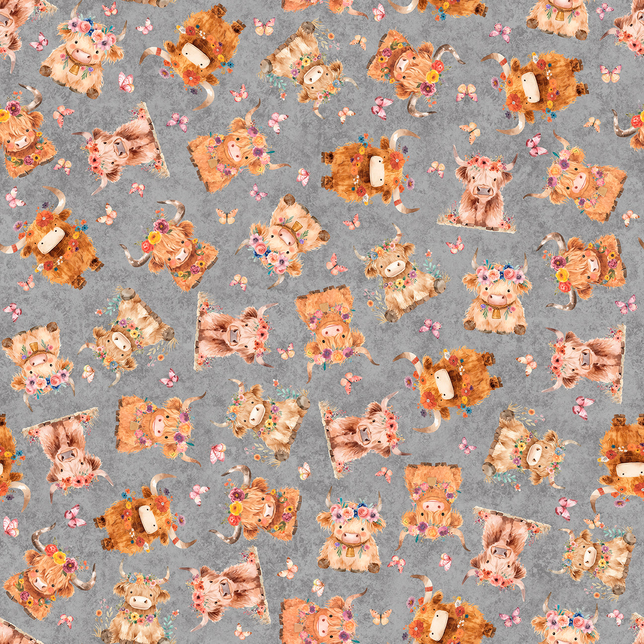 PREORDER ITEM - EXPECTED SEPTEMBER 2025: QT Cuties 2 Baby Highland Cows Gray 31446K Cotton Woven Fabric