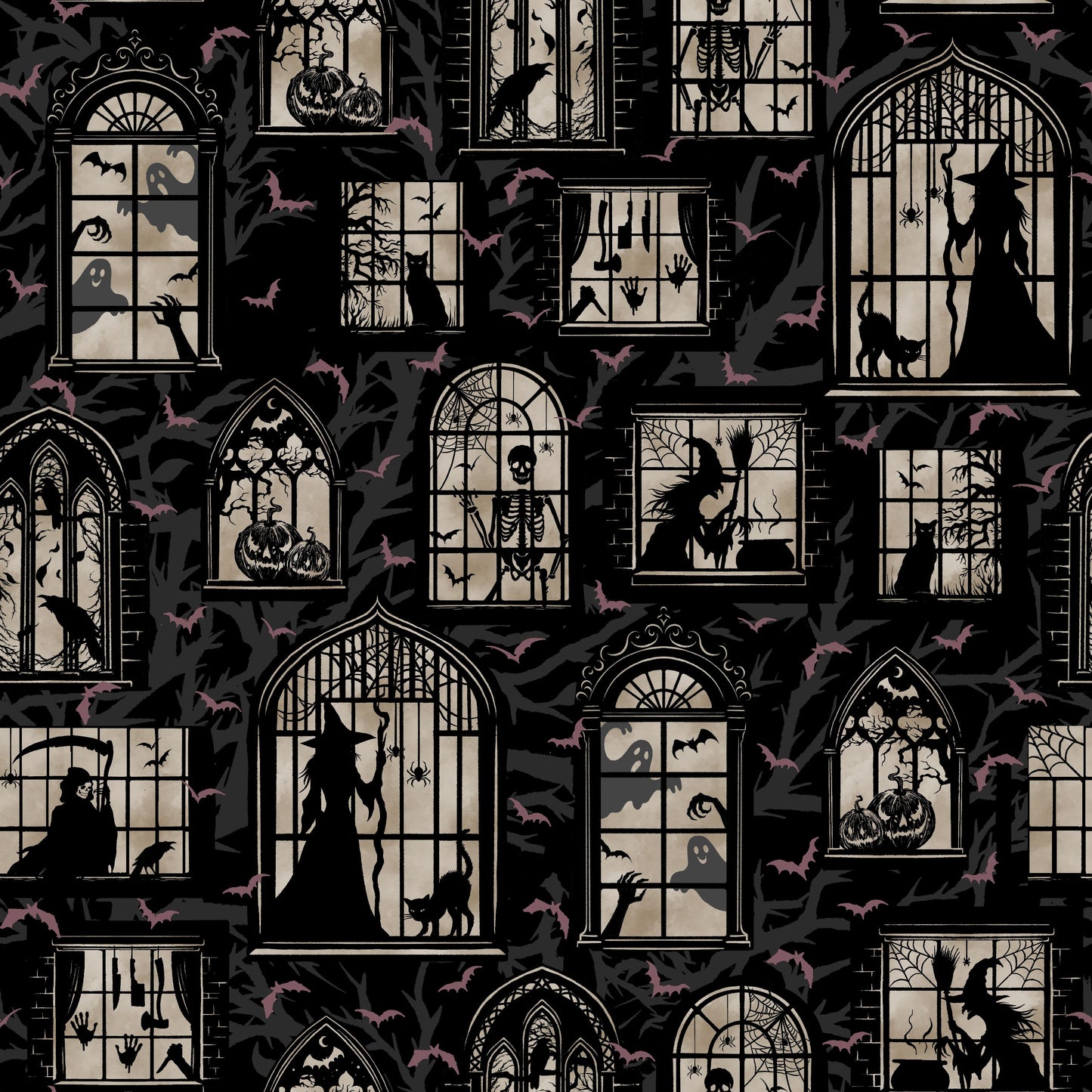 Darkly Enchanted Black Mansion Windows With Spooky Silhouettes 4793-99 by Episodic Drawing