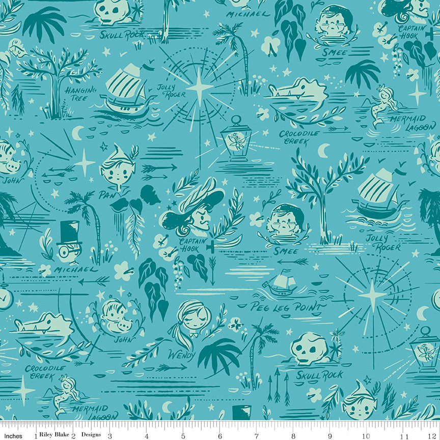 Forever Neverland by Jill Howarth Neverland Map Peacock C15902-PEACOCK Cotton Woven Fabric