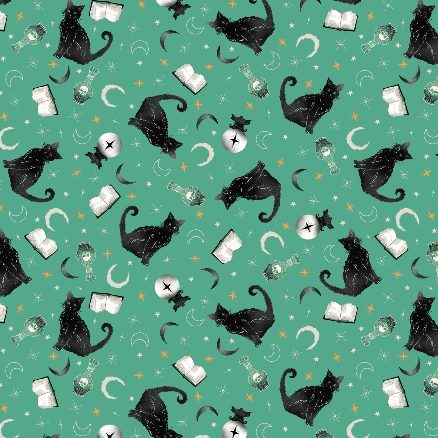 Witchy Wicked Black Cats, Crystal Balls & Potion Books Turquoise 4860-70 by Rose Halsey