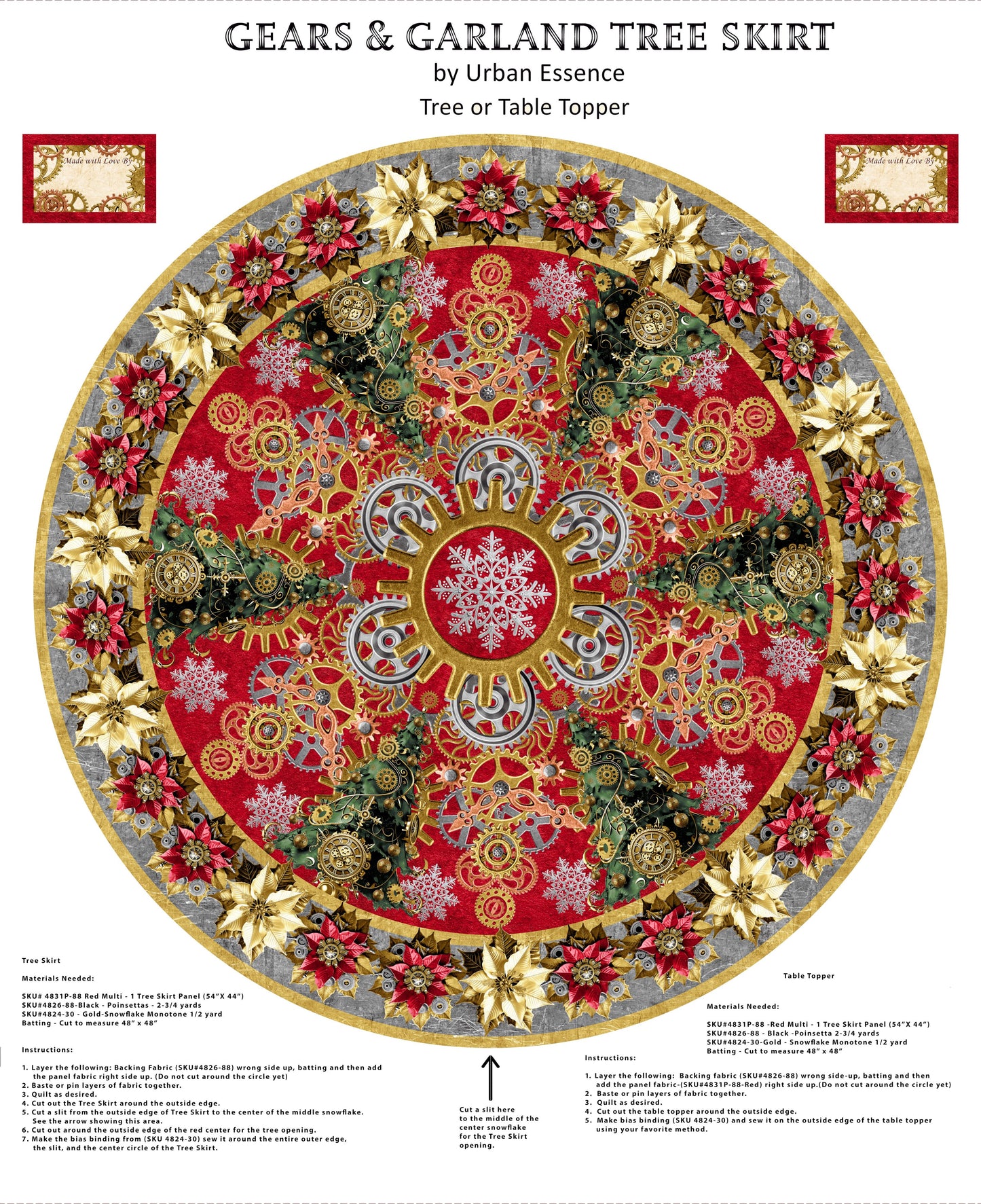 Preorder July 2026: Gears and Garland Steampunk Christmas Tree Skirt 36" Panel Red 4831P-88 by Urban Essence Designs