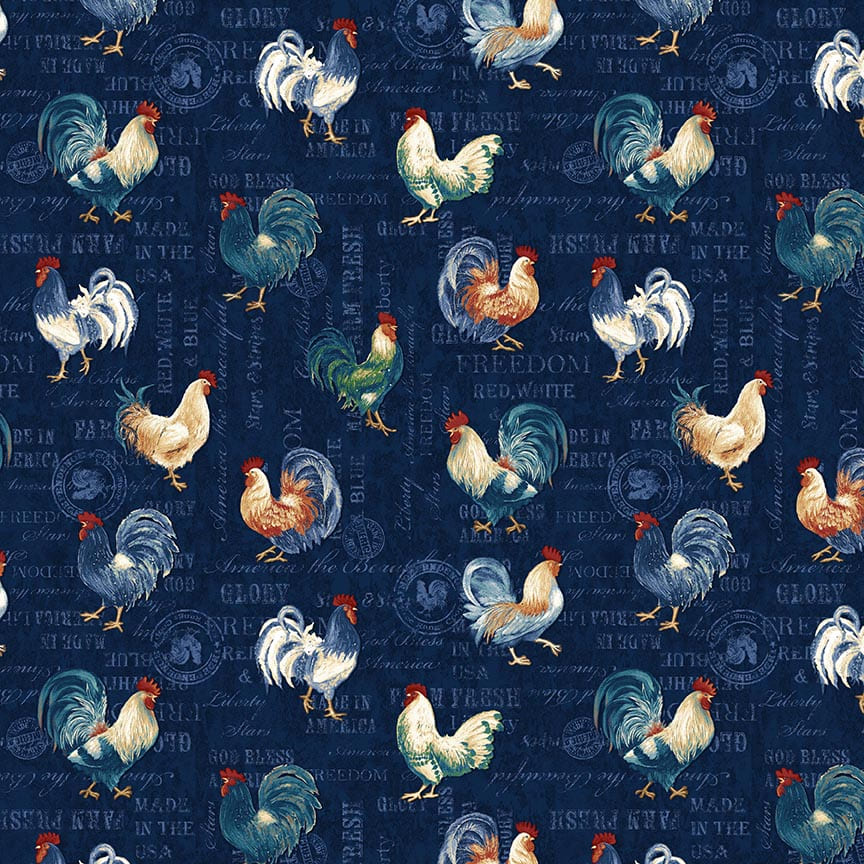 American Pride by Geoff Allen Roosters Navy 7918-77 Cotton Woven Fabric