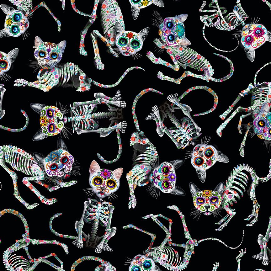 Day of the Dead Family Album Skeleton Cats Tossed CAT-CD3602-BLACK Cotton Woven Fabric