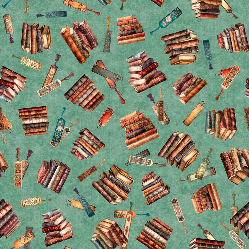Bookworm by Morris Creative Group Stacked Books Toss Dark Sage 30449G Cotton Woven Fabric